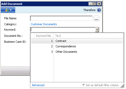 Figure 50: Adding a Therefore™ document, Keywords  (Customer Card)