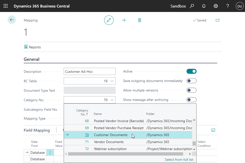 The mapping settings for the Therefore⢠BC connector The mapping settings for the Therefore⢠BC connector
