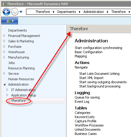 Figure 3: Therefore-Interface: Call from Navision – Departments > Administration Figure 3: Therefore-Interface: Call from Navision – Departments > Administration