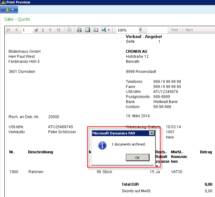 Figure 24: Message on printing a sales quote 