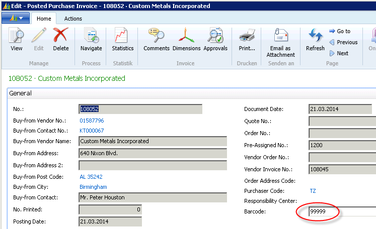 Figure 29: Navision: Posted Purchase Invoice - allocation of barcode Figure 29: Navision: Posted Purchase Invoice - allocation of barcode