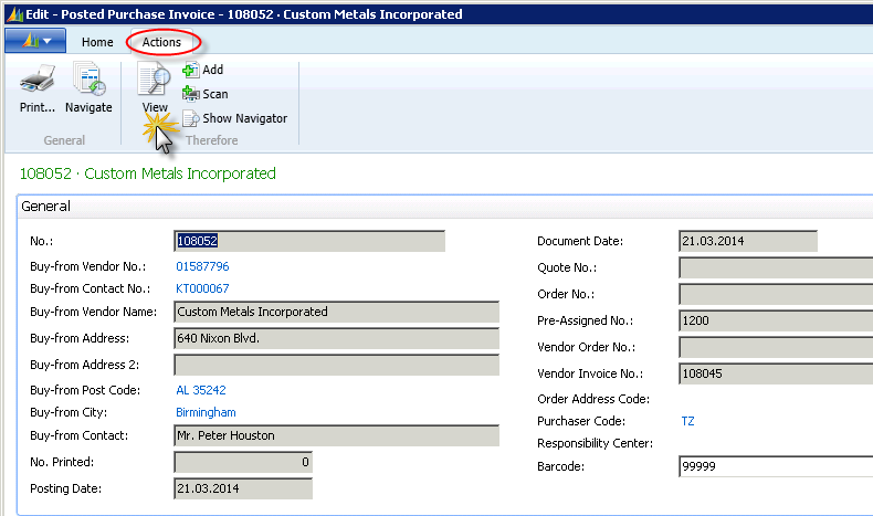 Figure 33: Posted Purchase Invoice (Therefore⢠Actions) Figure 33: Posted Purchase Invoice (Therefore⢠Actions)