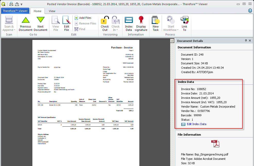 Figure 35: Therefore⢠Viewer: Posted Vendor Invoice (Barcode) Figure 35: Therefore⢠Viewer: Posted Vendor Invoice (Barcode)