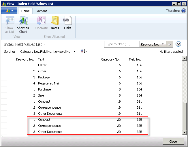 Figure 51: Index Field Value List (Keywords)